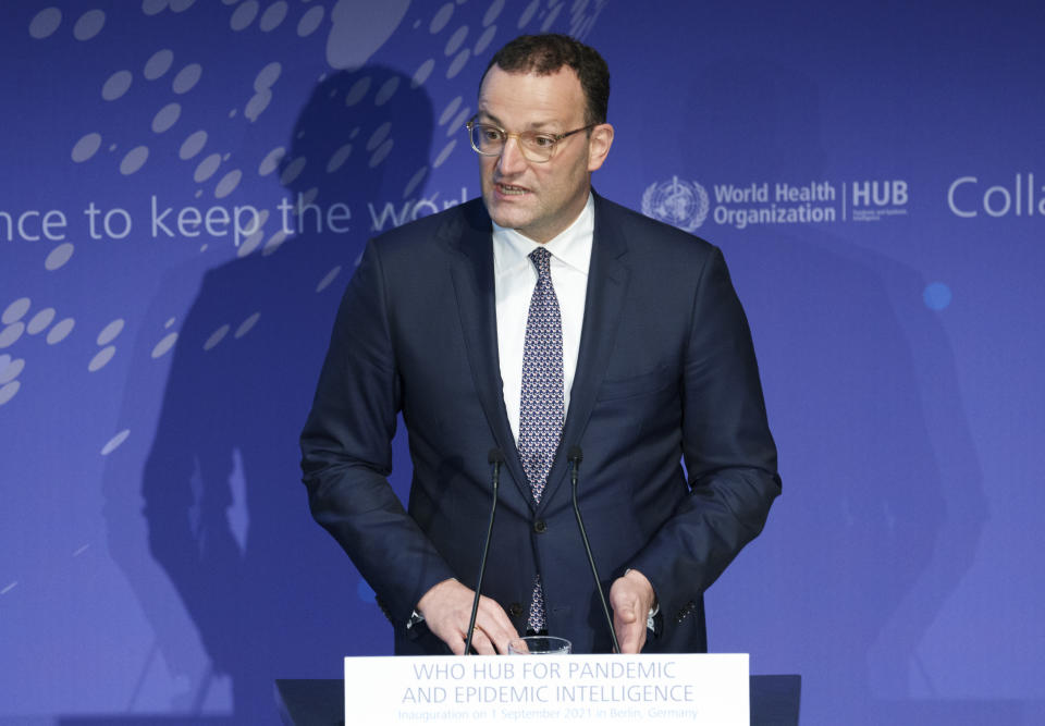 German Health Minister Jens Spahn delivers a speech during the inauguration ceremony of the 'WHO Hub For Pandemic And Epidemic Intelligence' at the Langenbeck-Virchow building in Berlin, Germany, Wednesday, Sept. 1, 2021. (AP Photo/Michael Sohn, pool)
