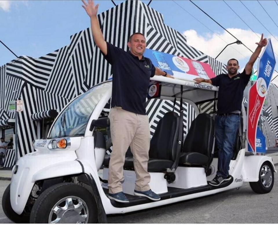 Kris Kimball, left, and Jason Spiegel founded Freebee, a free ride-hailing service for short door-to-door hops, in 2012. It recently expanded to Fort Lauderdale and is adding Doral to its route roster April 1.