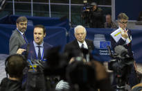 Incoming European Union foreign policy chief Josep Borrell, center, speaks with the media as he arrives for a meeting of EU foreign ministers at the European Convention Center in Luxembourg, Monday, Oct. 14, 2019. Some European Union nations are looking to extend moves against Turkey by getting more nations to ban arms exports to Ankara to protest the offensive in neighboring Syria. (AP Photo/Virginia Mayo)