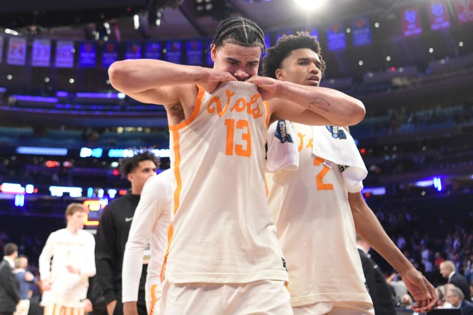 Tennessee forward Olivier Nkamhoua (13) reacts after a NCAA Tournament Sweet 16 game between Tennessee and FAU in Madison Square Garden, Thursday, March 23, 2023. FAU defeated Tennessee 62-55.