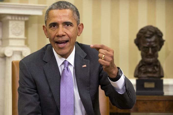 In this March 3, 2015, photo, President Barack Obama speaks about Iran and Israeli Prime Minister Benjamin Netanyahu's speech to Congress during a meeting with Defense Secretary Ash Carter in the Oval Office of the White House in Washington. Since Republicans took control of Congress two months ago, an elaborate tug of war has broken out between GOP lawmakers and Obama over who calls the shots on major issues for the next two years. On some fronts, Obama has held his ground. He’s watched near-gleefully as Republicans bungled early attempts to legislate and put their own internal disputes on display. (Jacquelyn Martin/AP Photo)