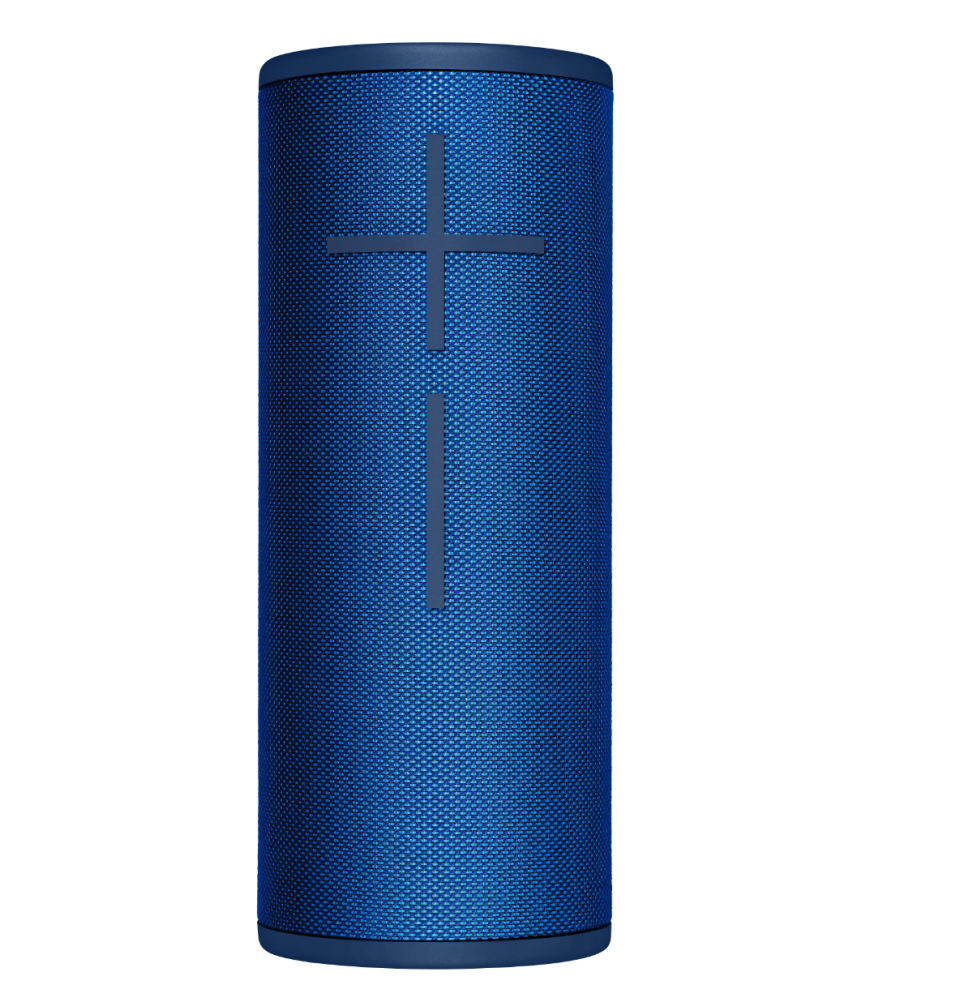 The blue Ultimate Ears BOOM 3 Bluetooth speaker on a white background