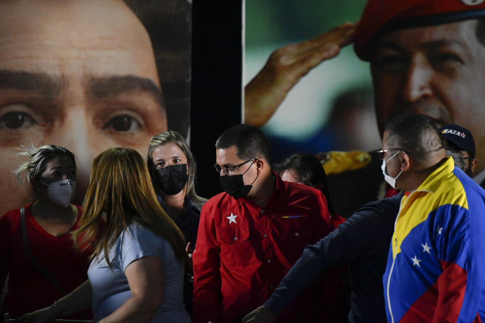 Former Foreign Minister Jorge Arreaza, of the ruling socialist party, arrives to concede the previous day's gubernatorial re-run election to opposition candidate Sergio Garrido in Barinas, Venezuela, Monday Jan. 10, 2022. (AP Photo/Matias Delacroix)