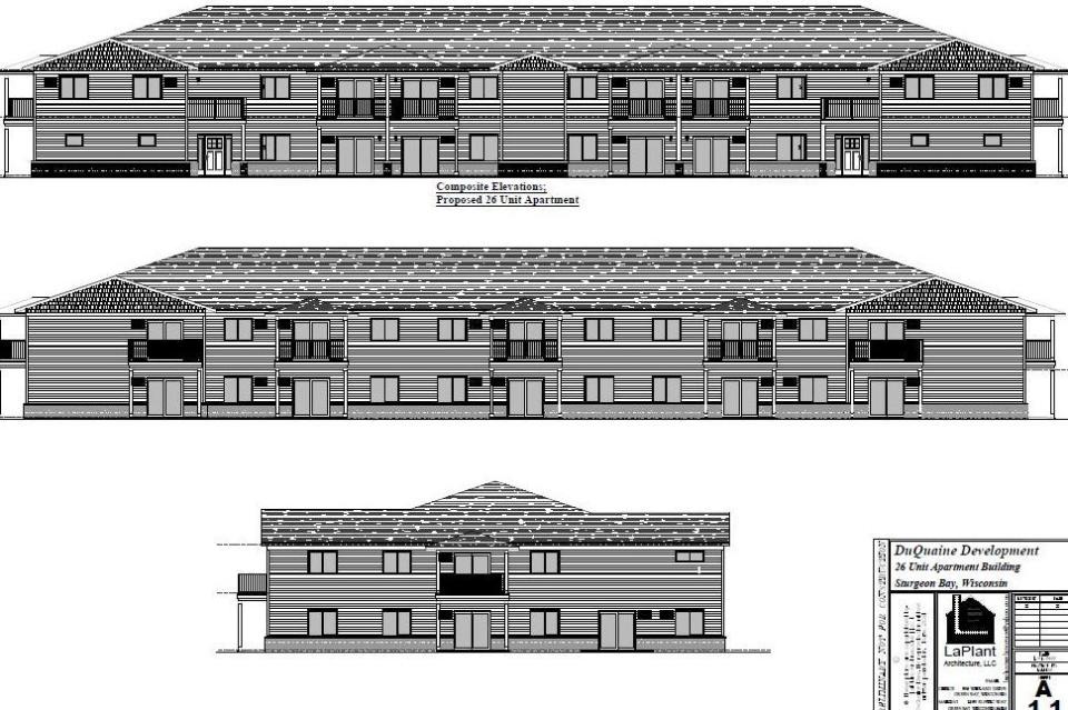 An elevation drawing of the apartments to be developed in Sturgeon Bay by Duquaine Development, 68 units are being built north of the Target store on the city's south side.