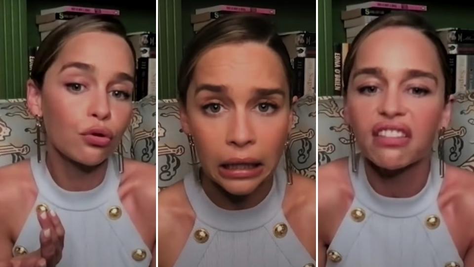 Three photos of Emilia Clarke making funny faces