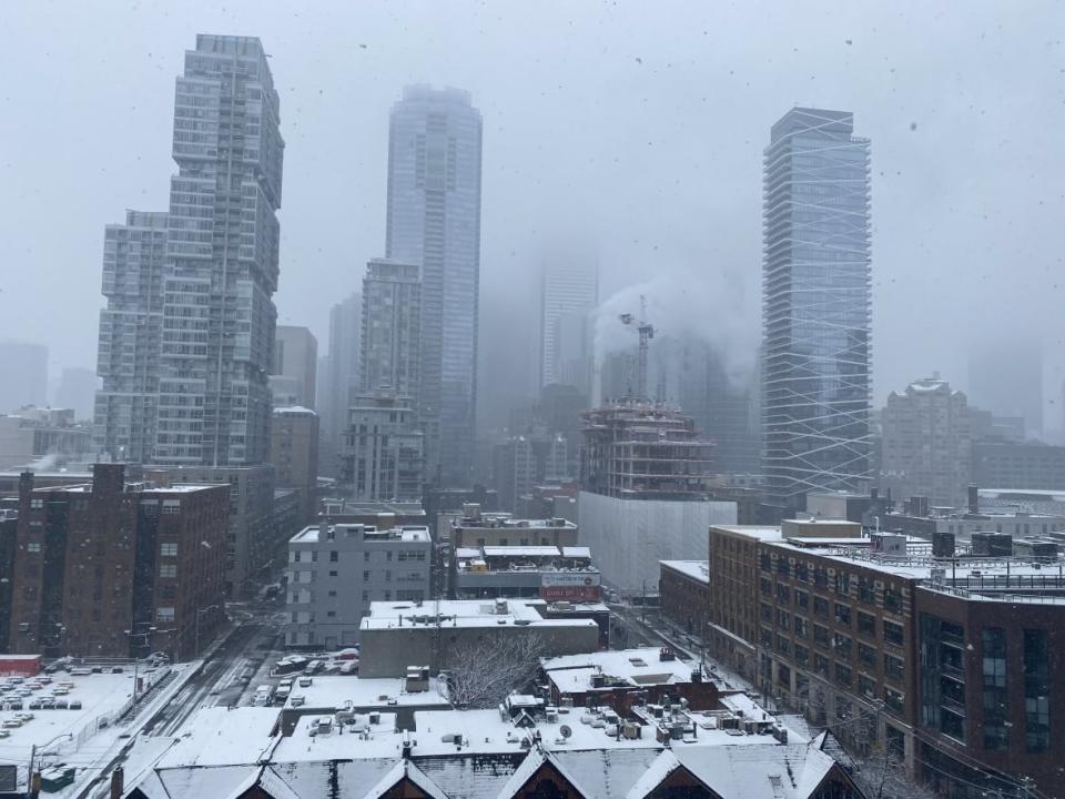 Buildings in downtown Toronto were dusted with snow as the city received its first snowfall of the season. (Ramna Shahzad/CBC - image credit)