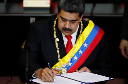 Venezuela's President Nicolas Maduro attends the ceremonial swearing-in for his second presidential term, at the Supreme Court in Caracas, Venezuela January 10, 2019. REUTERS/Carlos Garcia Rawlins