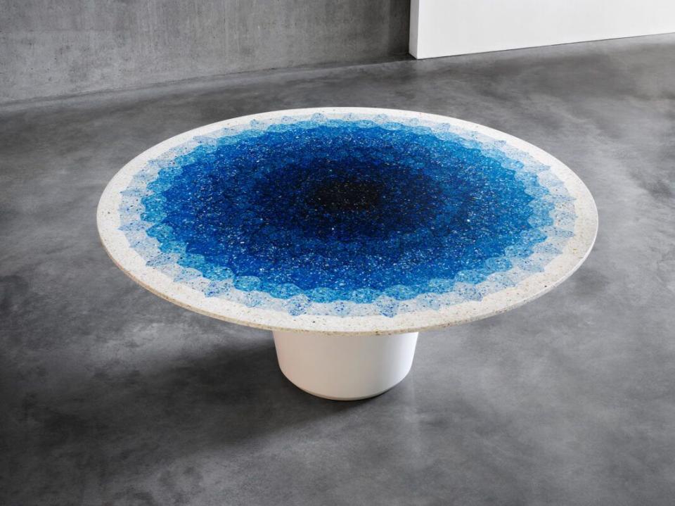 a blue and white table