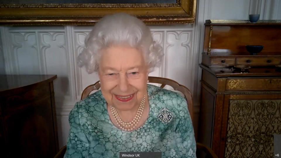 Queen Elizabeth II participates in a video call from Windsor Castle with British scientists, educators and schoolchildren to mark British Science Week, released on March 12, 2021.