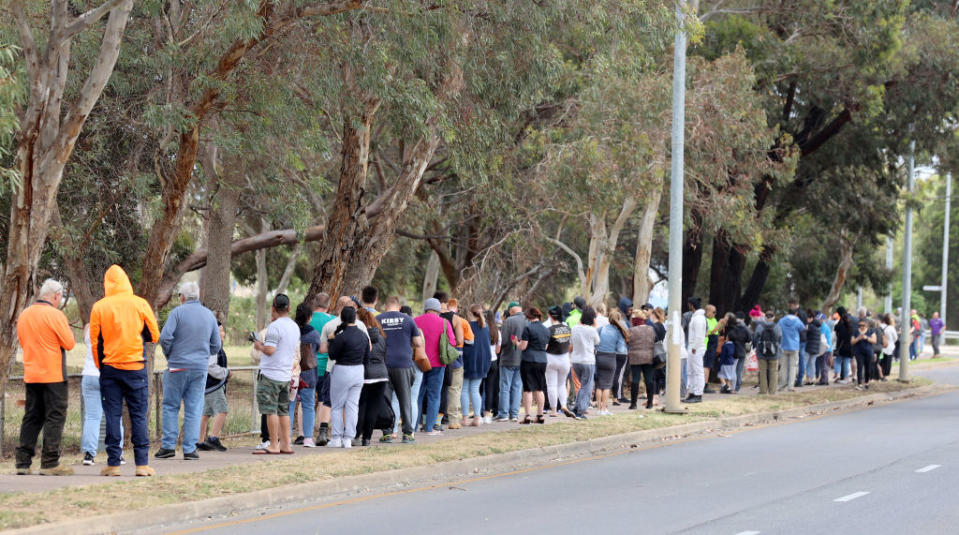 People queuing at the Covid-19 Testing site at Parafield Airport in Adelaide.