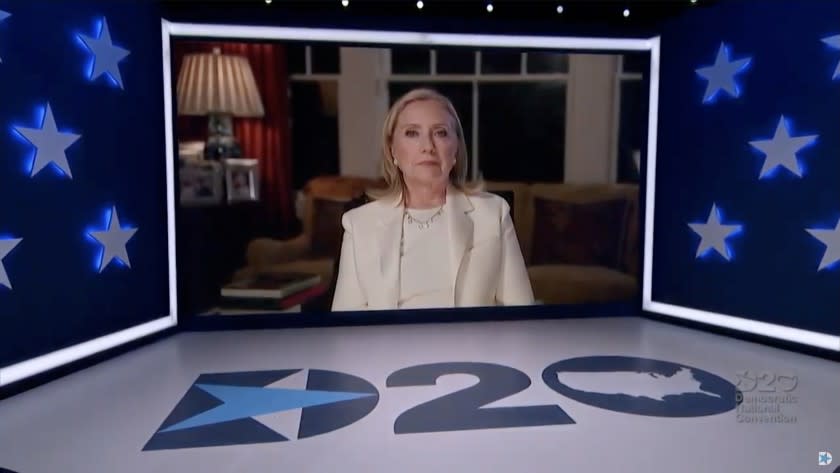 MILWAUKEE, WI - AUGUST 19: In this screenshot from the DNCC's livestream of the 2020 Democratic National Convention, former first lady and Secretary of State Hillary Clinton addresses the virtual convention on August 19, 2020. The convention, which was once expected to draw 50,000 people to Milwaukee, Wisconsin, is now taking place virtually due to the coronavirus pandemic. (Photo by DNCC via Getty Images)