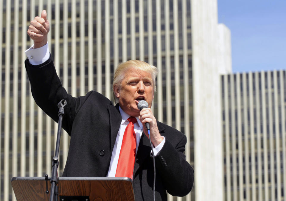 <p>Donald Trump speaks during a pro-gun rally at Empire State Plaza in Albany, N.Y., on April 1, 2014.<i> (Photo: Hans Pennink/Reuters)</i> </p>