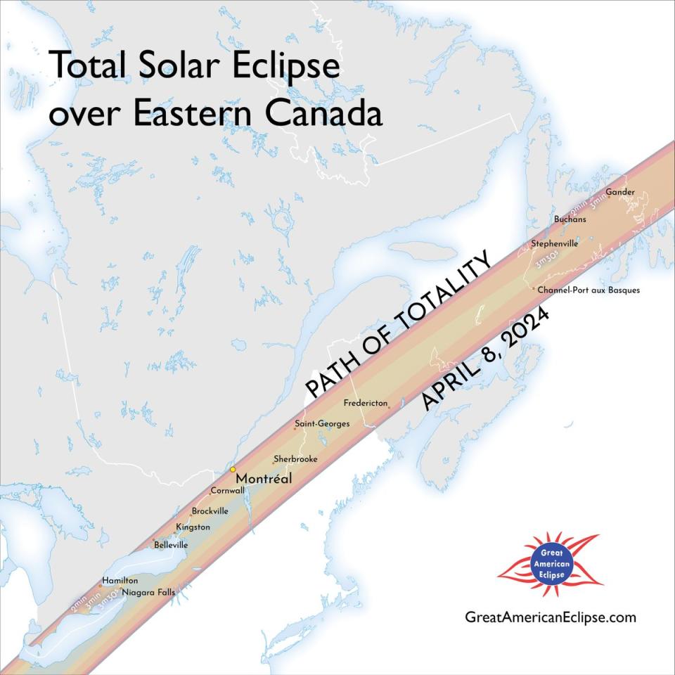 The path of totality will follow the Canada-US border.  (Image credit: Michael Zeiler/GreatAmericanEclipse.com)