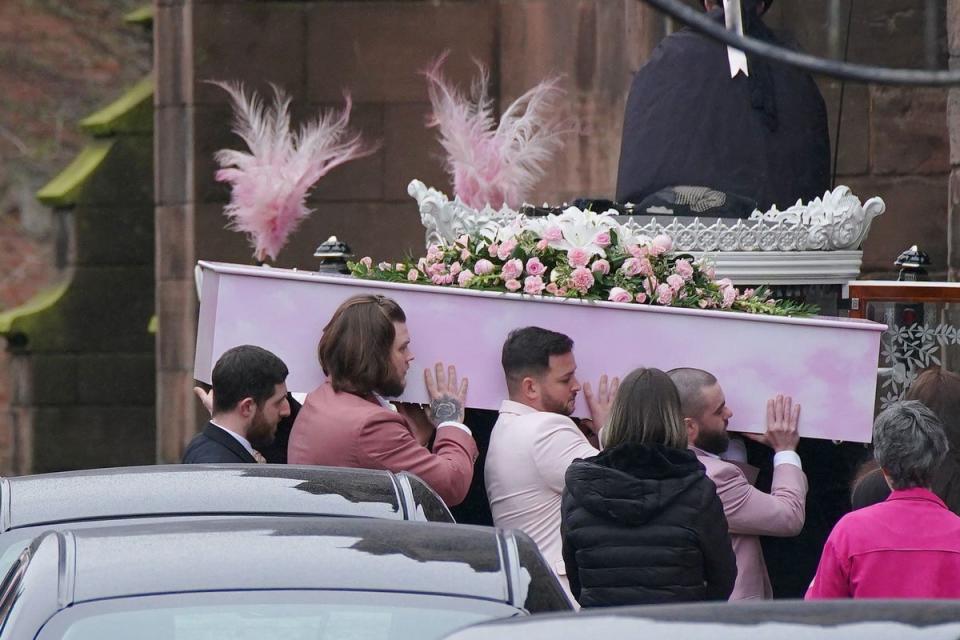 The coffin of Brianna Ghey is carried into St Elphin’s Parish Church in Warrington in March (PA Wire)