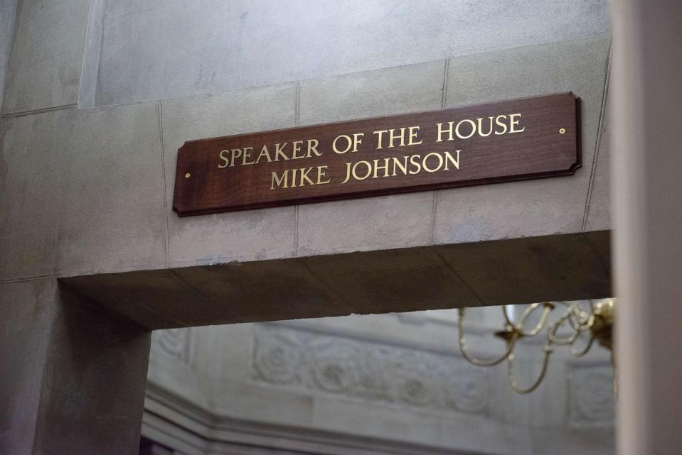 PHOTO: The nameplate for Speaker of the House United States Representative Mike Johnson officially replaces that of former Speaker of the House of Representatives Kevin McCarthyin the Capitol in Washington, D.C, Oct. 26, 2023. (Shutterstock)