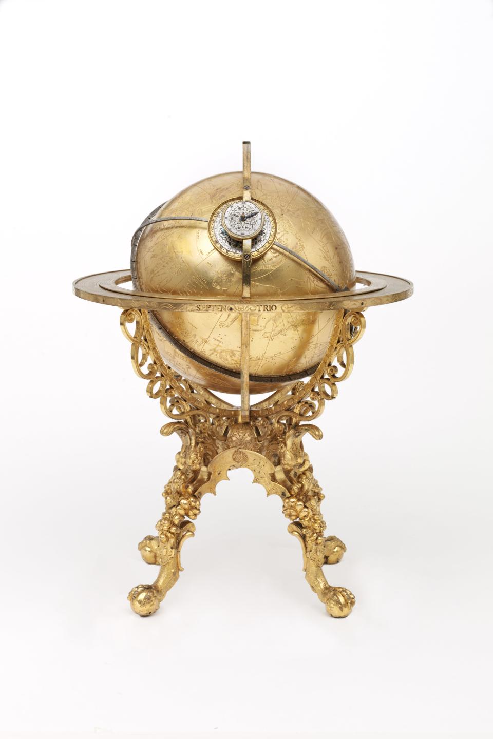 Georg Roll and Johannes Reinhold
Mechanical globe clock
Augsburg, 1584
Gilded copper alloy
43.6 × 26.5 × 26.5 cm
Victoria and Albert Museum, 246-1865
