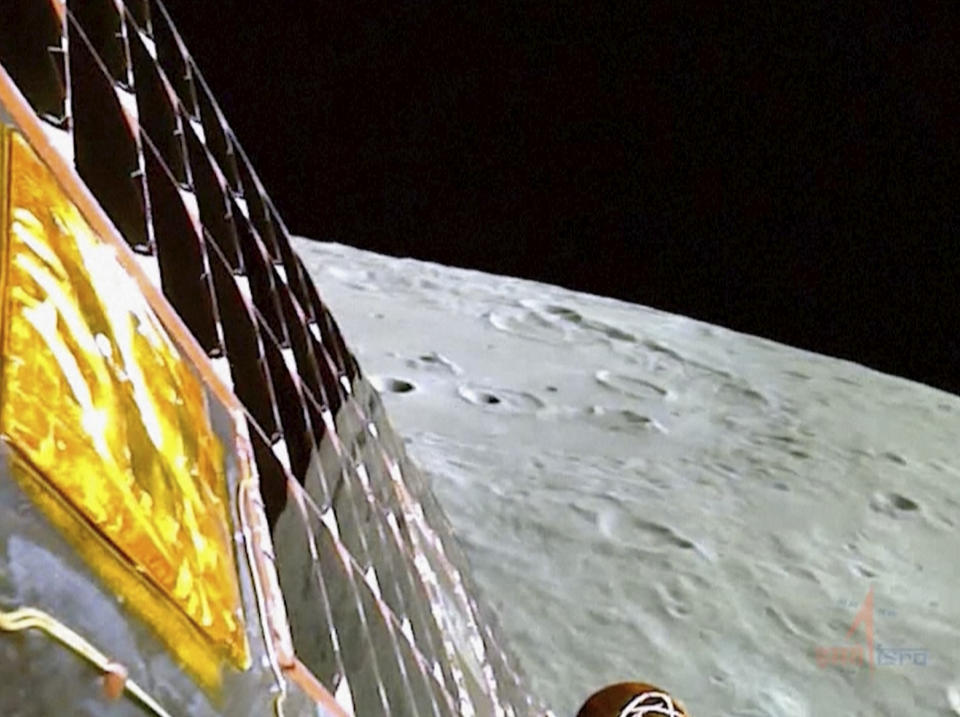 This image from video provided by the Indian Space Research Organisation shows the surface of the moon as the Chandrayaan-3 spacecraft prepares for landing on Wednesday, Aug. 23, 2023. India became the first country to land a spacecraft near the moon’s south pole, which scientists believe could hold vital reserves of frozen water. (ISRO via AP)