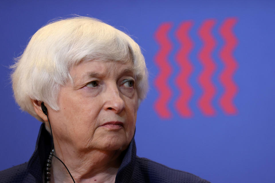 U.S. Secretary of the Treasury Janet Yellen looks at Chile's Finance Minister Mario Marcel (not pictured) while they attend a press conference at the Finance Ministry building in Santiago, Chile, March 1, 2024. REUTERS/Ivan Alvarado