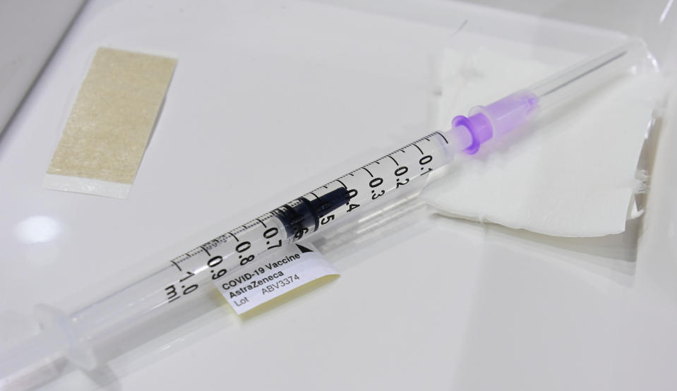 A syringe with the AstraZeneca vaccine against Covid-19 is picutred at a new vaccination centre at the former Tempelhof airport in Berlin, Germany, on Monday, March 8, 2021 (Tobias Schwarz / Pool via AP)