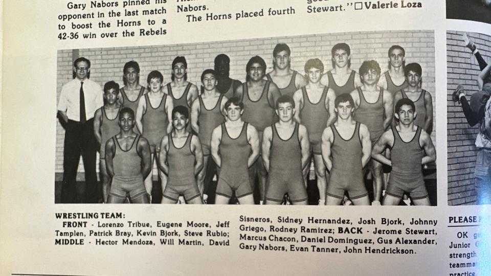 A picture from the 1989 Caprock yearbook shows that year's wrestling team, including Evan Tanner.