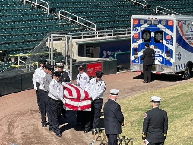 Local first responders and law enforcement joined at the CenturyLink Sports Complex, in Fort Myers,on Jan. 10, 2023, to pay their final tributes to James McFee, a Lee County first responder and 9/11 veteran who died on Jan. 4, 2023.