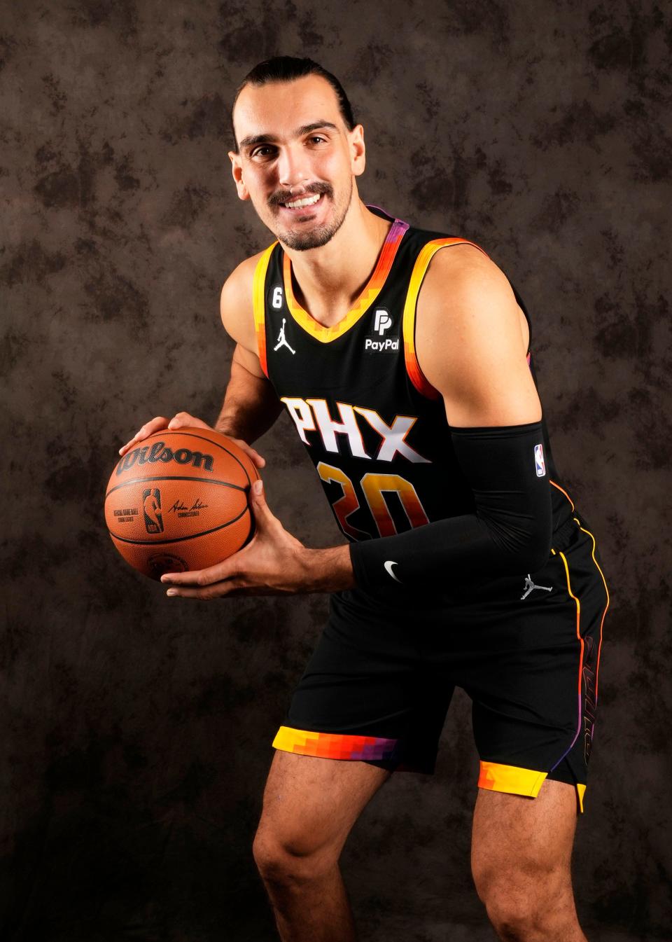 Phoenix Suns Dario Saric (20) at media day in Phoenix on Sept. 26, 2022.