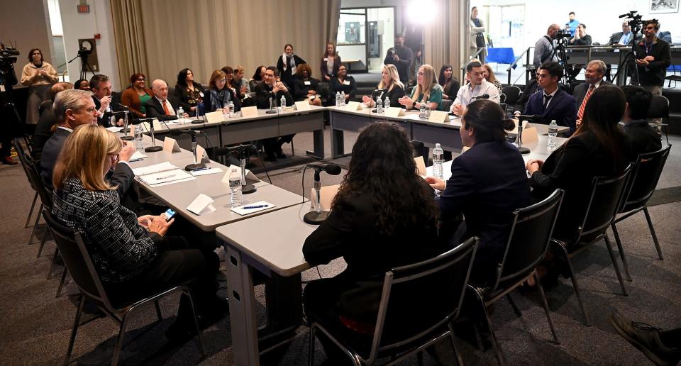 Framingham High School and MassBay Community College students attended during a roundtable discussion on the state's Early College program with Gov. Charlie Baker and Lt. Gov. Karyn Polito at MassBay Community College in Framingham, Nov. 17, 2022.