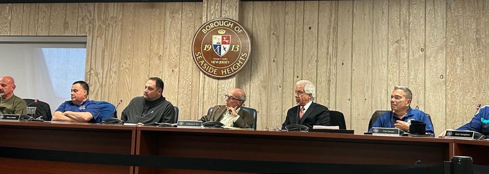 Seaside Heights Mayor Anthony Vaz and Borough Council members, along with Toms River Regional Superintendent Mike Citta, listen to residents' comments, April 4, 2024.