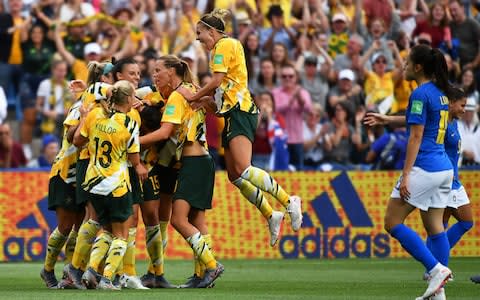 Australia's players celebrates after scoring a second goal during the France 2019 Women's World Cup Group C football match between Australia and Brazil - Credit: Getty images