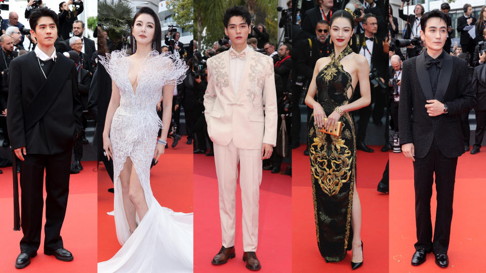 Chinese film stars Liu Hoaran, Zhag Yuqi, Gong Jun, Zhong Chuxi, and Zhu Yilong on the red carpet at the 76th Annual Cannes Film Festival.