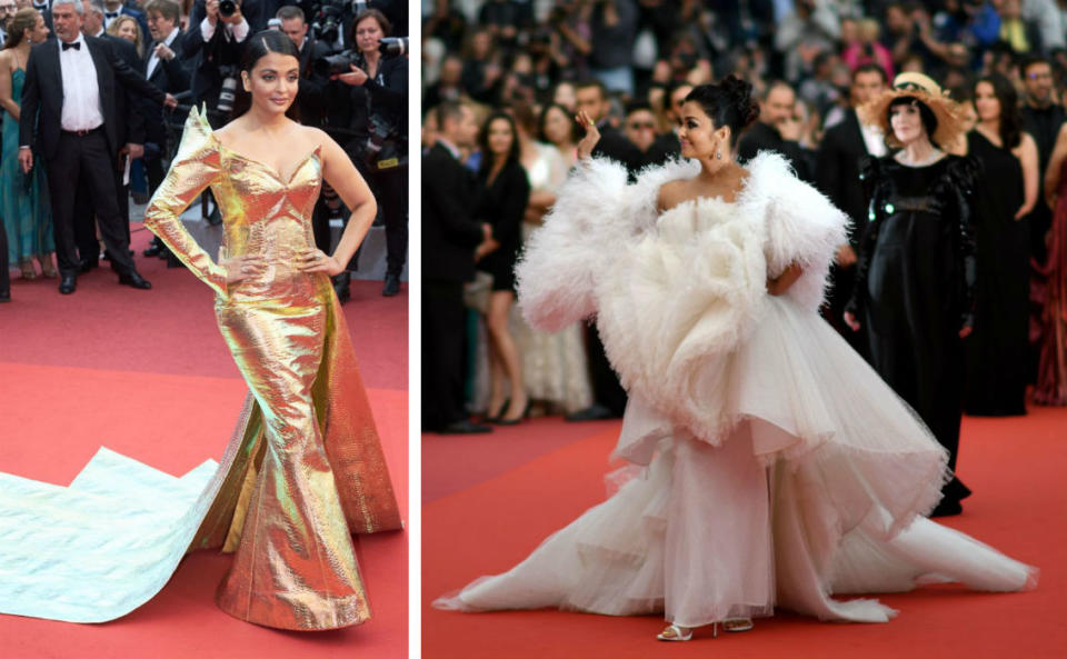 Aishwarya Rai Bachchan is known to make bold choices at Cannes Film Festival. This time was no different as she wore a stunning metallic fish-cut dress by Jean-Louis Sabaji Couture. For her second look, she went for a contrasting number in white that exuded soothing vibes and was enhanced by soft layers of fabric.