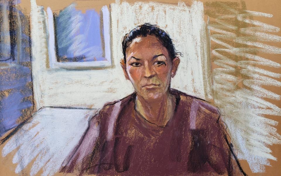 A courtroom sketch of Ghislaine Maxwell appearing via video link during her arraignment hearing in Manhattan Federal Court in New York in July 2020 - JANE ROSENBERG /REUTERS