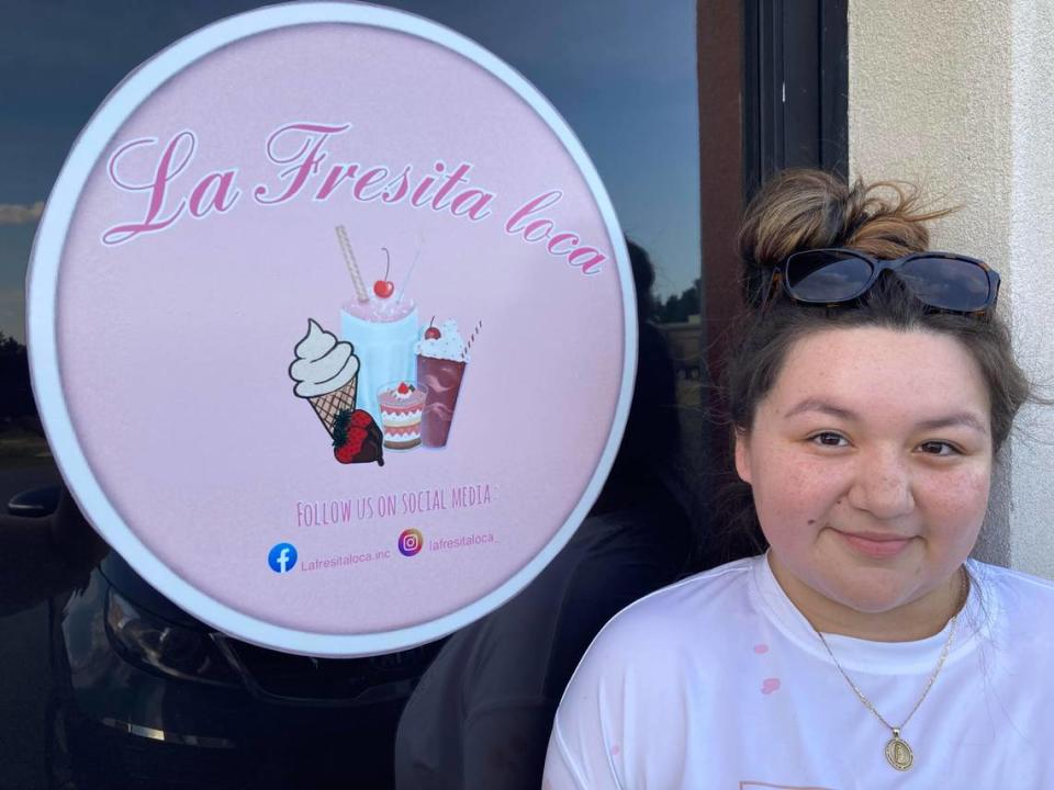 Karla Olivera, owner of La Fresita Loca, a new dessert shop specializing in Hispanic treats near Byron.