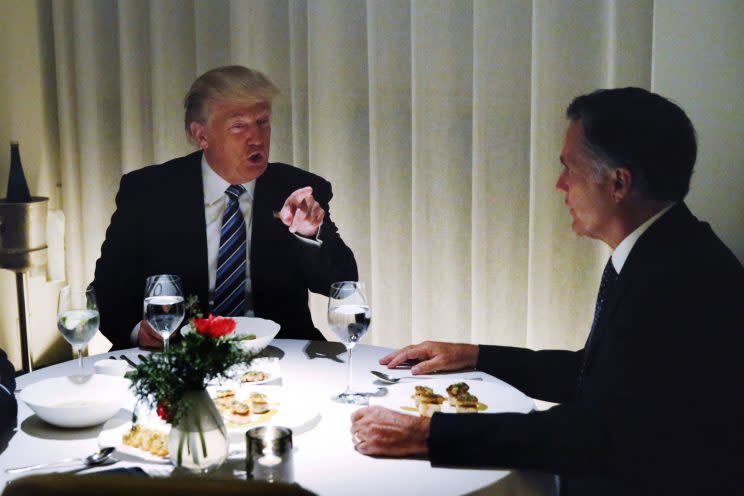 Trump dines with Mitt Romney at Jean-Georges, located at Trump Tower in New York City, Nov. 29, 2016. (Photo: Lucas Jackson/Reuters)