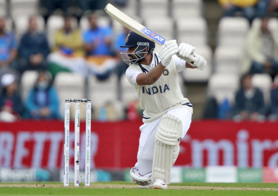 India's Ajinkya Rahane bats during the third day of the World Test Championship final cricket match between New Zealand and India, at the Rose Bowl in Southampton, England, Sunday, June 20, 2021. (AP Photo/Ian Walton)