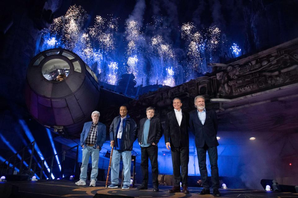 George Lucas, Billy Dee Williams, Mark Hamill, Bob Iger and Harrison Ford at the dedication ceremony for Star Wars: Galaxy's Edge at Disneyland (Richard Harbaugh/Disneyland Resort)