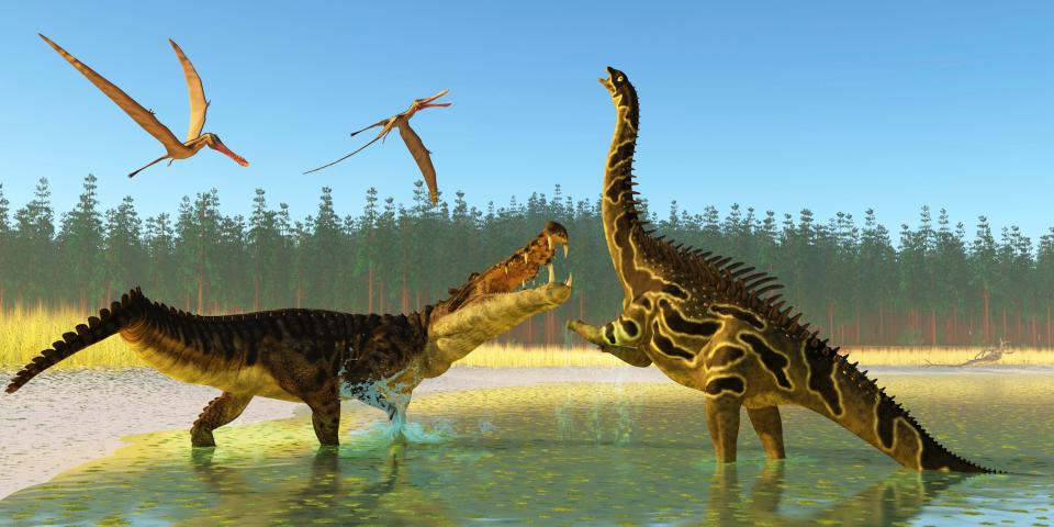 Illustration of dinosaurs and what looks like an ancient alligator species.