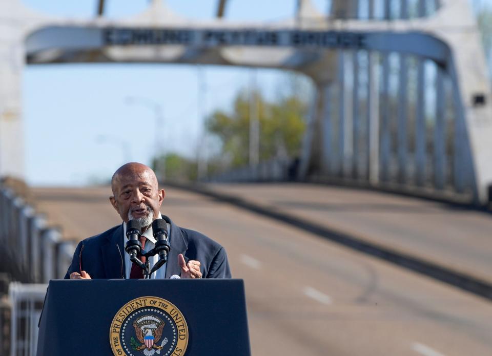 Foot soldier Charles Mauldin introduces President Joe Biden during his visit to the Edmund Pettus Bridge in Selma, Alabama, on Sunday, March 5, 2023, to commemorate the 58th anniversary of the Bloody Sunday bridge crossing.