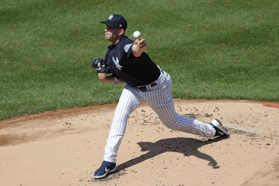 FILE - In this July 5, 2020, file photo, New York Yankees starting pitcher James Paxton throws from the mound during a baseball summer training camp workout at Yankee Stadium in New York. Nothing changes the New York Yankees' mission, not the novel coronavirus, not a 60-game regular season. Winning the World Series is the sole focus.(AP Photo/Kathy Willens, File)