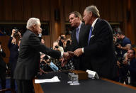 <p>Attorney General Jeff Sessions(L) shakes hands with Sen. Richard Burr(R) Intelligence Committee Chairman and Sen. Mark Warner (C) as he arrives to testify during a US Senate Select Committee on Intelligence hearing on Capitol Hill in Washington, D.C. on June 13, 2017. (Photo: Brendan Smialowski/AFP/Getty Images) </p>