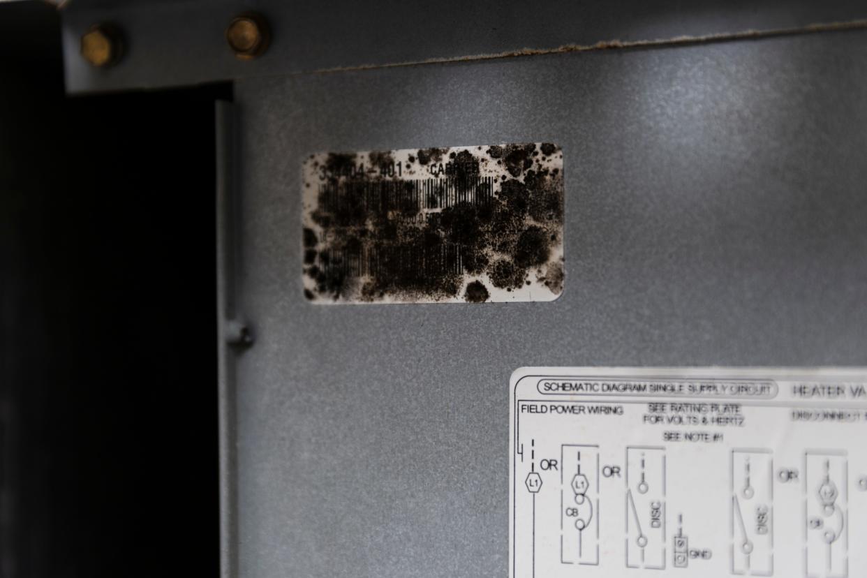 When you hear the term “biological growth,” you probably think of mold. But an HVAC technician can’t call it that unless it’s tested for mold. The biological growth can be seen here as black spots on the barcode sticker.