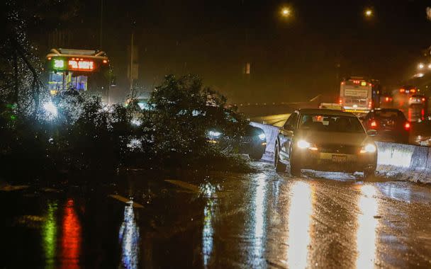 PHOTO: Traffic navigates around downed tree limbs along 19th Avenue after a new bout of rainstorms threatens to flood San Francisco, Jan. 4, 2023. (Peter Dasilva/Reuters)