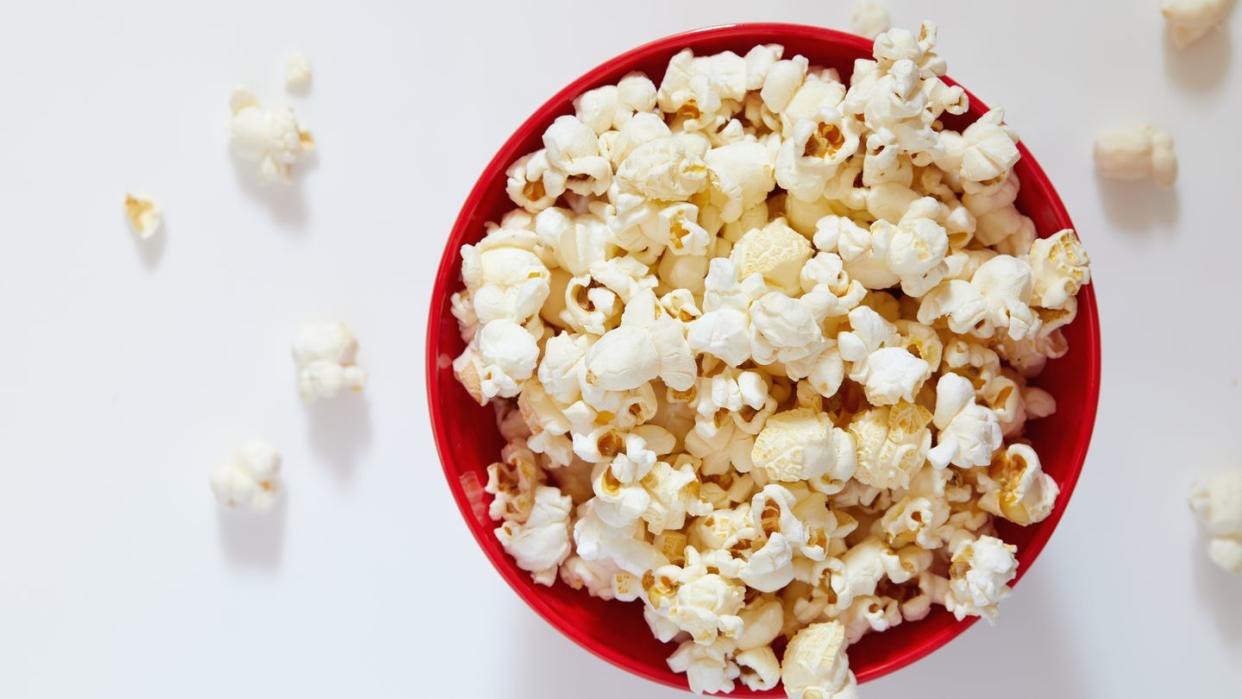 overhead view of bowl of popcorn