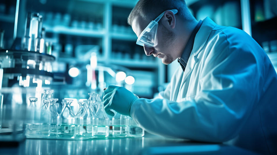 A scientist in a lab coat mixing the chemicals for the Liposomal Bcl-2 drug development.