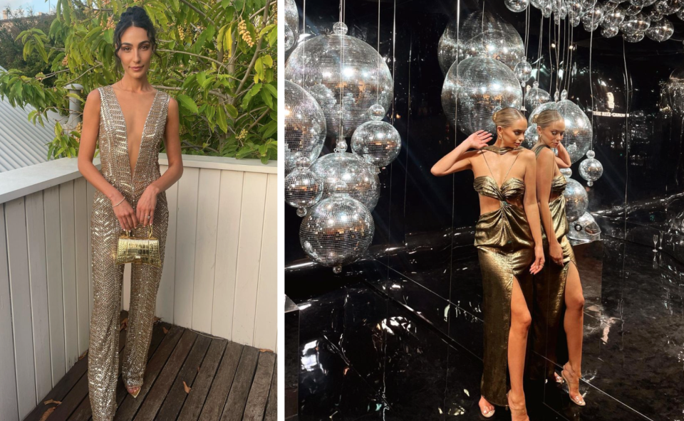 Tayla Damir and Tully Smyth at grand prix party in gold outfits