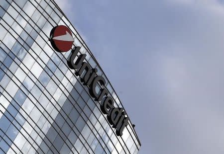 A logo of UniCredit is seen in downtown Milan, August 19, 2014. REUTERS/Stefano Rellandini