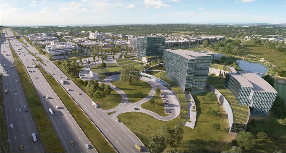 This rendering depicts the 156-acre mixed-use Pearson Ranch project planned in Williamson County by Inspire Development. The Austin-based developer envisions a total of 2,500 upscale condominiums and apartments,  office and retail space, two hotels, a corporate campus and 30 acres of parkland.