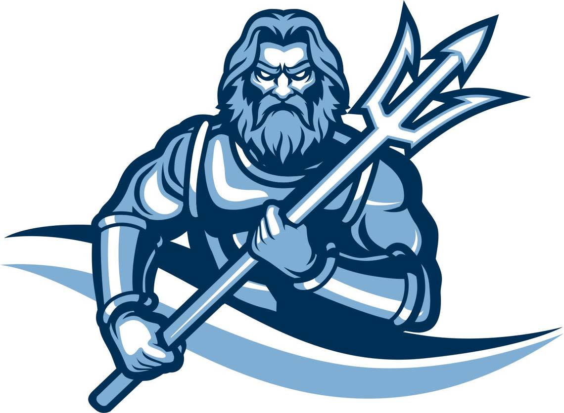 A fierce Poseidon holding a trident is the new sports mascot.