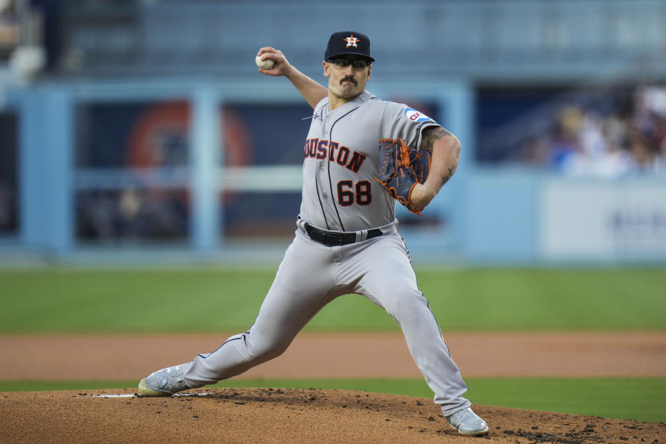 Houston Astros starting pitcher J.P. France throws against the Los Angeles Dodgers during the first inning of a baseball game Friday, June 23, 2023, in Los Angeles. (AP Photo/Jae C. Hong)