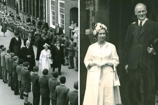 Left, Queen Elizabeth II walking Brighton College's grounds. Right, Her Royal Highness with former headmaster William Stewart